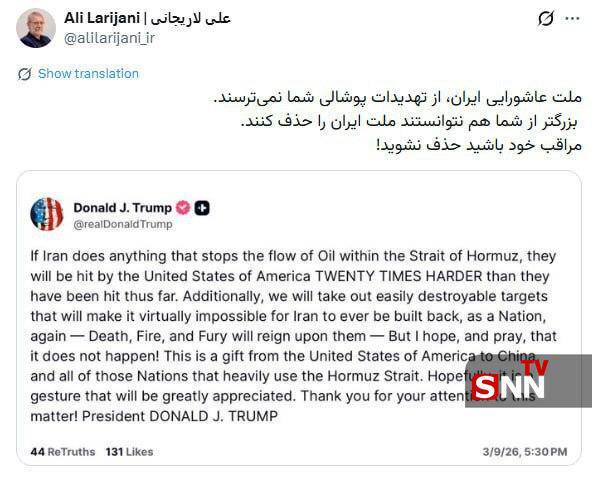 لاریجانی: ملت عاشورایی ایران، از تهدیدات پوشالی شما نمی‌ترسند.