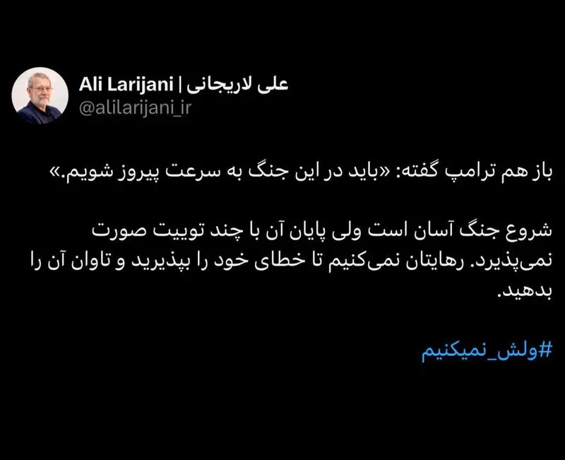لاریجانی به ترامپ: رهایتان نمی‌کنیم تا تاوان بدهید
