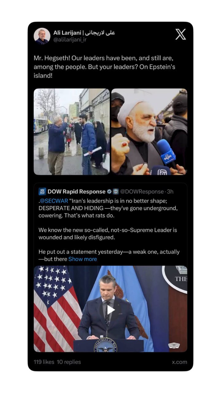 لاریجانی: آقای هگست! رهبران ما در همه این سالها در بین مردم بوده‌اند و هستند؛ اما رهبران شما در جزیره اپستین!