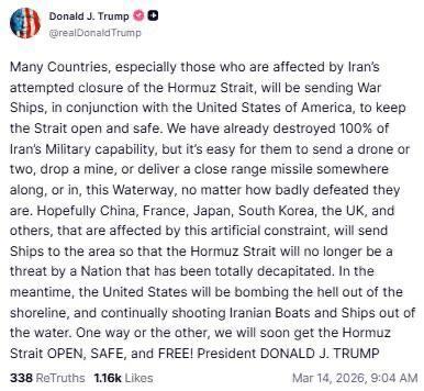 ترامپ: کشورهایی که با بستن تنگه هرمز تحت تأثیر قرار گرفته‌اند کشتی‌های جنگی اعزام خواهند کرد تا این تنگه را باز و امن نگه دارند