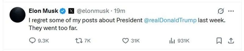 ایلان ماسک از انتقادات تند علیه ترامپ پشیمان شد ایلان ماسک از انتقادات تند علیه ترامپ پشیمان شد