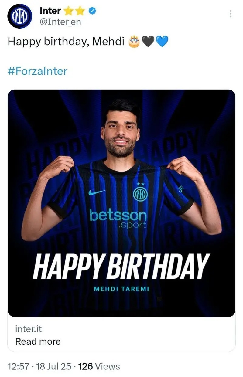 واکنش اینتر به تولد ۳۳ سالگی مهدی طارمی +عکس