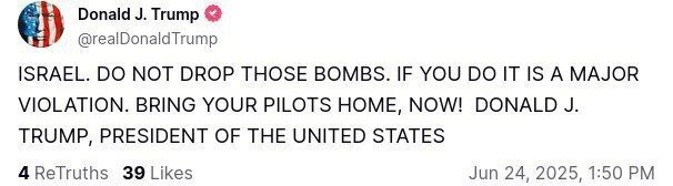 آتشبس روی لبه تیغ؛ ترامپ به تلآویو: خلبانها را برگردانید توییت ترامپ
