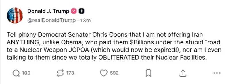 ترامپ: هیچ پیشنهادی به ایران نمی‌دهم و گفت‌و‌گو نخواهم کرد