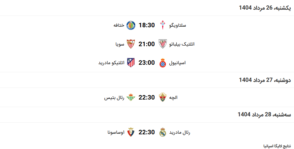 جدول لالیگا اسپانیا