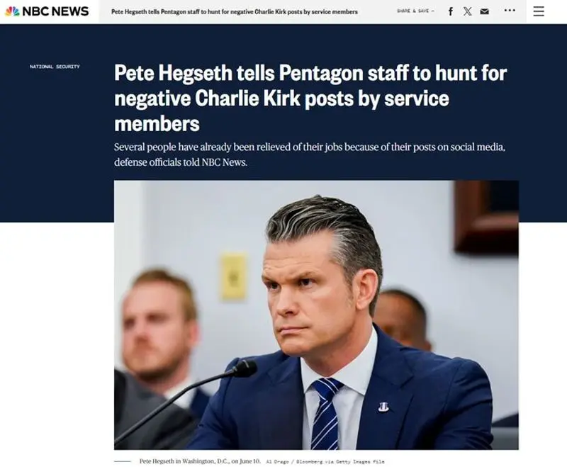 برخورد وزارت جنگ آمریکا با پستهای شبکههای اجتماعی در تأیید ترور چارلی کرک برخورد وزارت جنگ آمریکا با پستهای شبکههای اجتماعی در تأیید ترور چارلی کرک