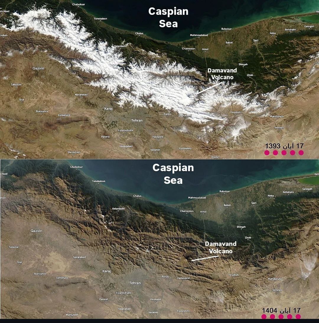 مقایسه حجم برف رشته کوه البرز در آبان ۱۳۹۳ و آبان ۱۴۰۴