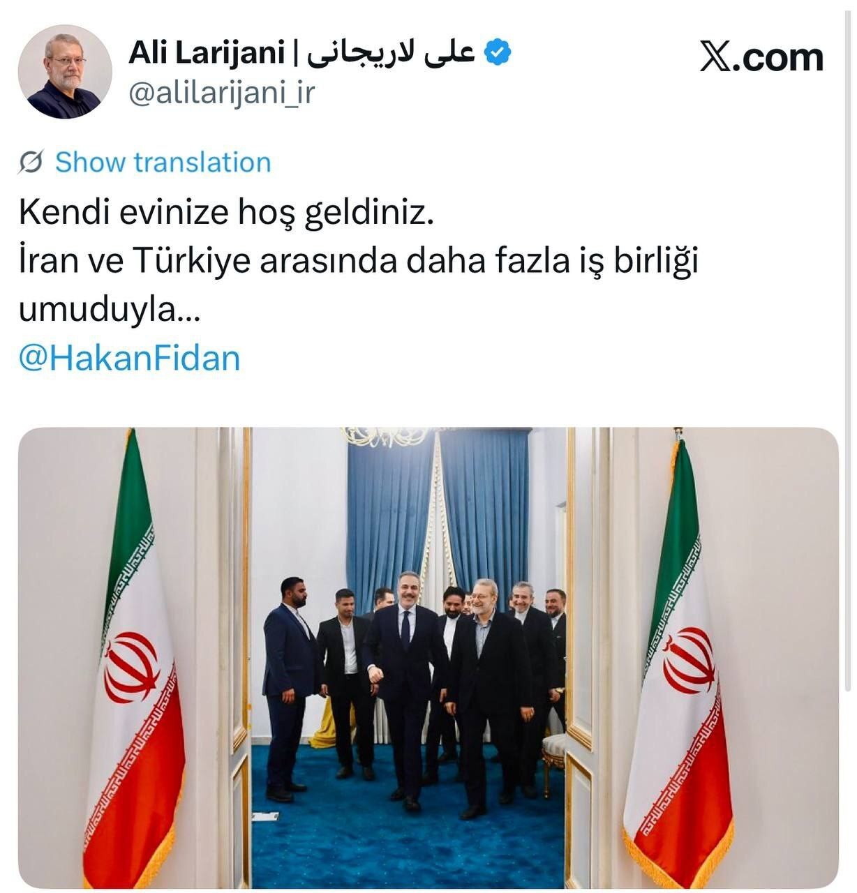 لاریجانی به وزیر خارجه ترکیه: ایران خانه شماست