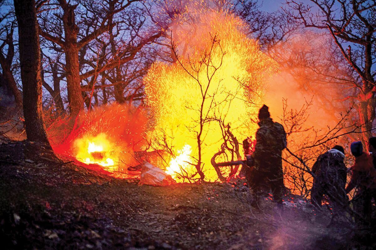 عکس یادگاری صادق میکائیلی، فرماندار ورزقان در حال خاموش کردن آتش جنگل‌های دیزمار