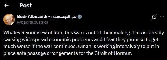 وزیر خارجه عمان: عمان به طور فشرده در حال کار برای ایجاد ترتیبات عبور ایمن از تنگه هرمز است