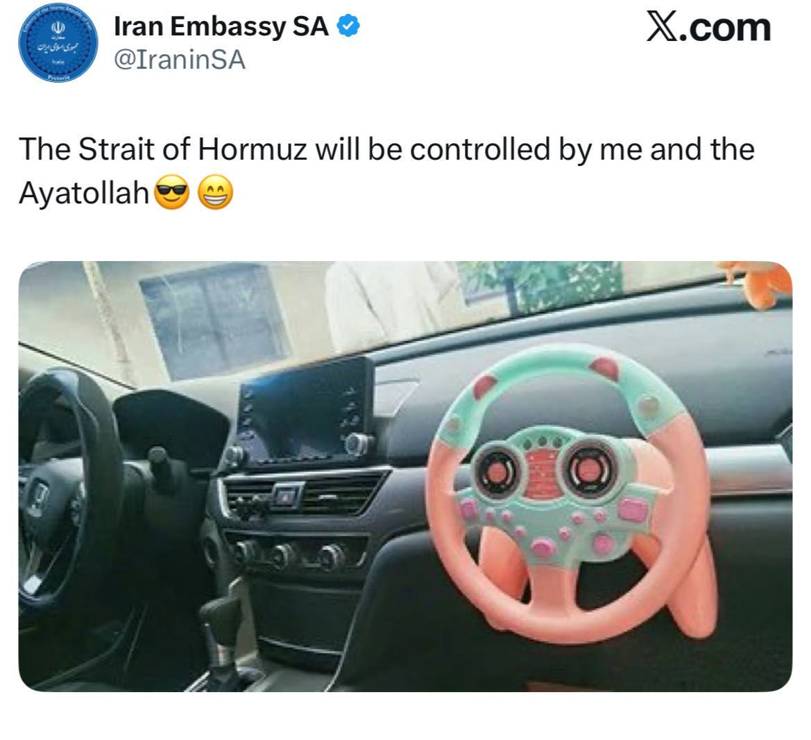 شوخی سفارت ایران در آفریقای جنوبی با ادعای ترامپ در‌مورد کنترل تنگه هرمز توسط او و ایت الله