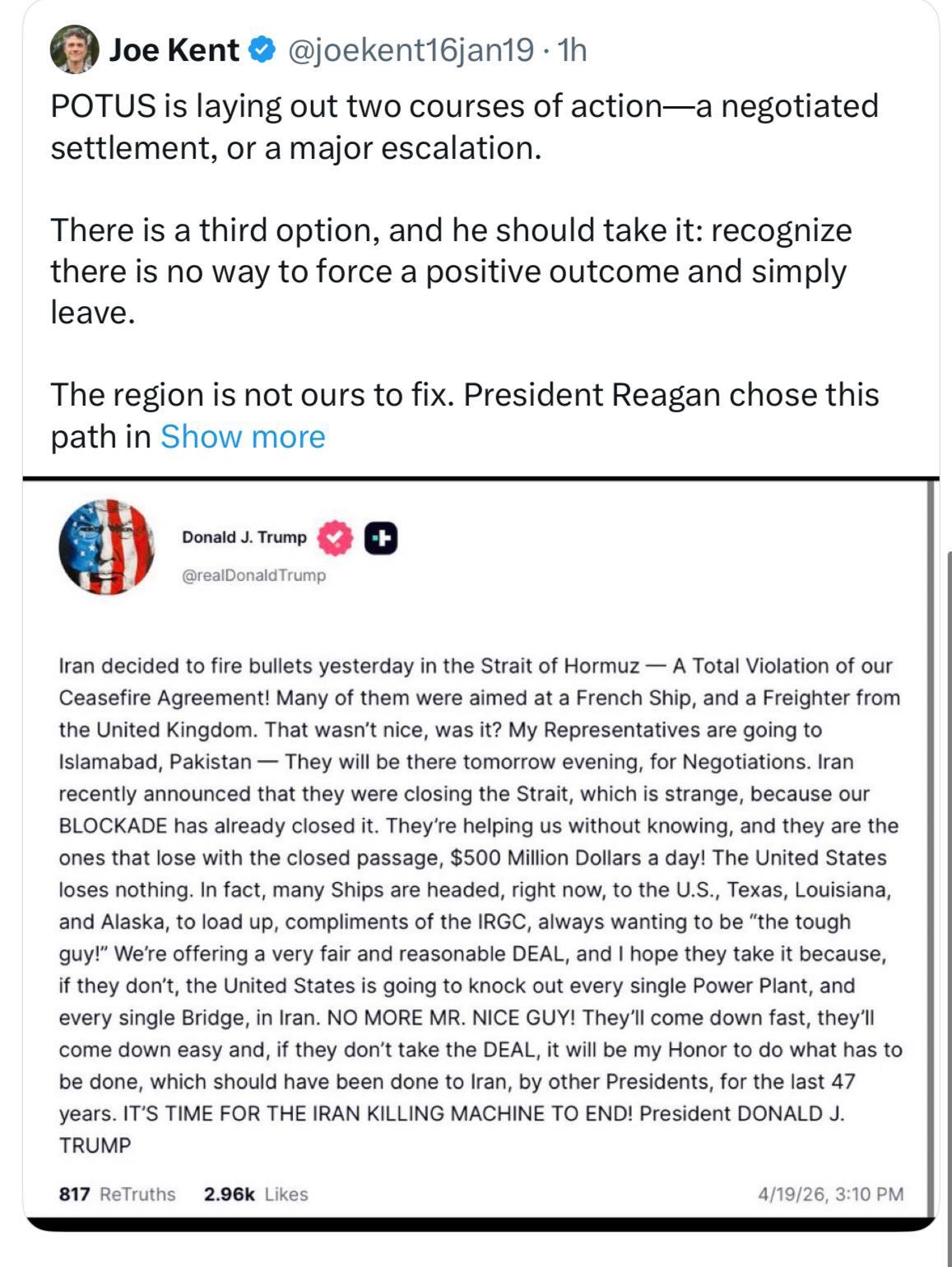 واکنش مقام امنیتی سابق آمریکا به تهدید جدید ترامپ علیه ایران: همین حالا از جنگ خارج شو