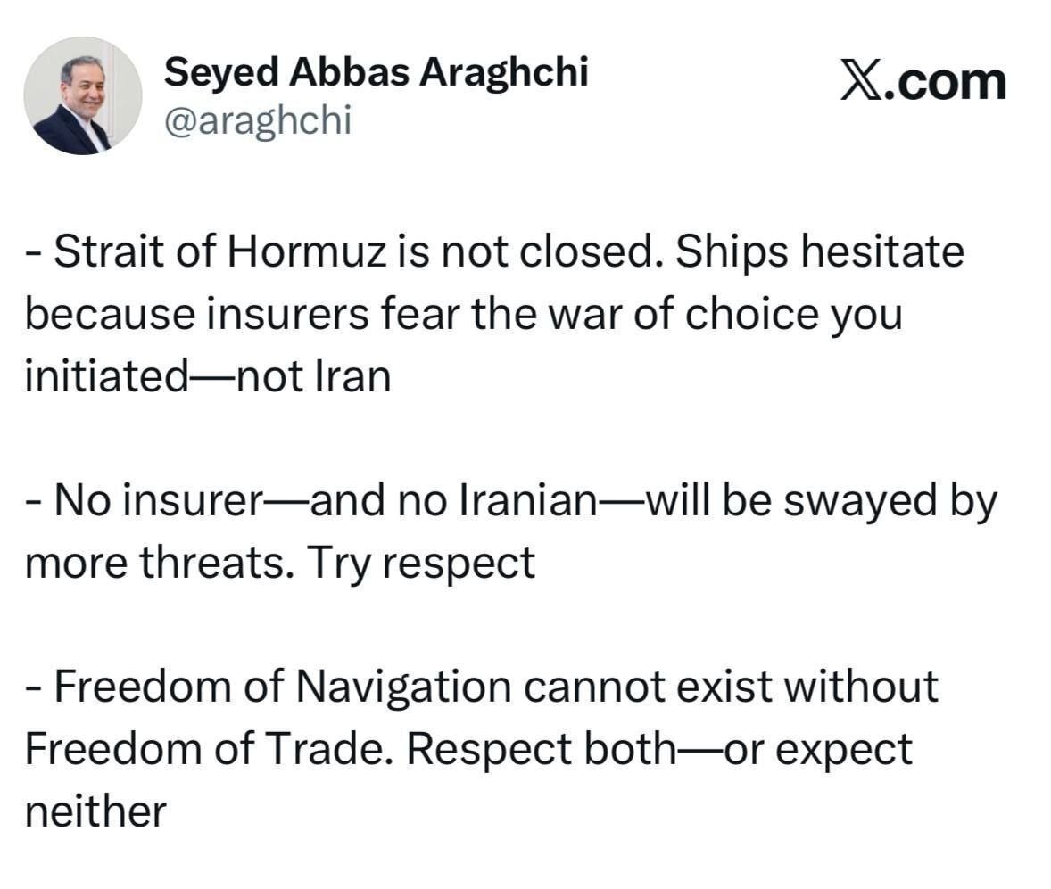 عراقچی: تنگه هرمز بسته نشده است