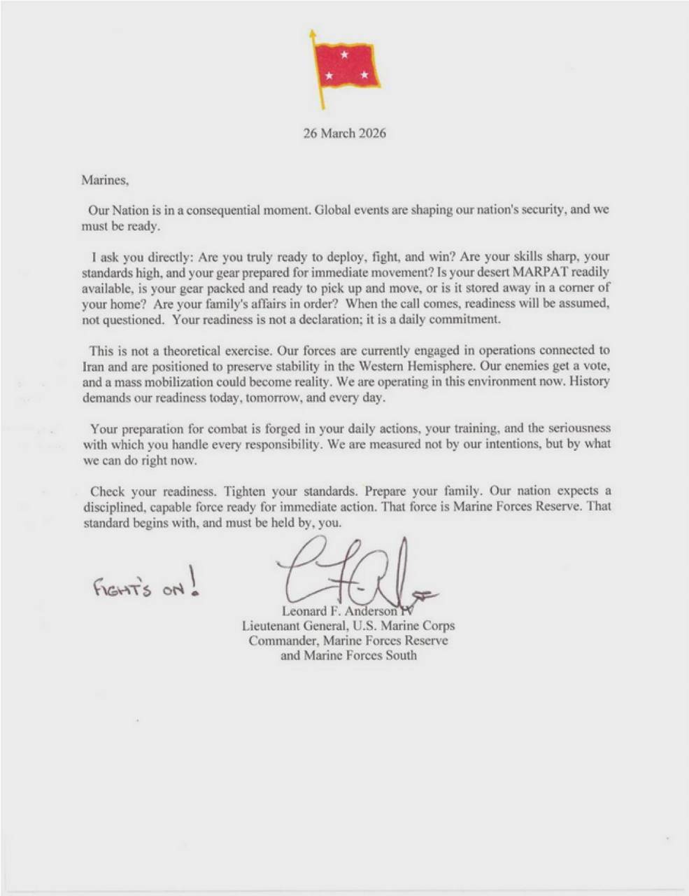 افشای نامه فرمانده تفنگداران دریایی آمریکا در ۱۵ اسفند برای بسیج گسترده علیه ایران