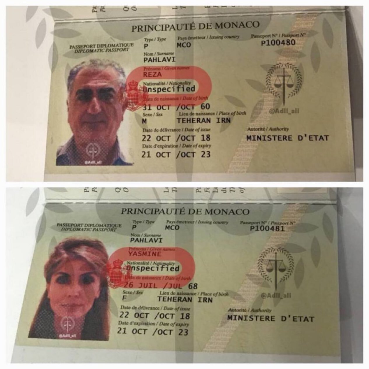 پاسپورت موناکوی رضا و یاسمین پهاوی