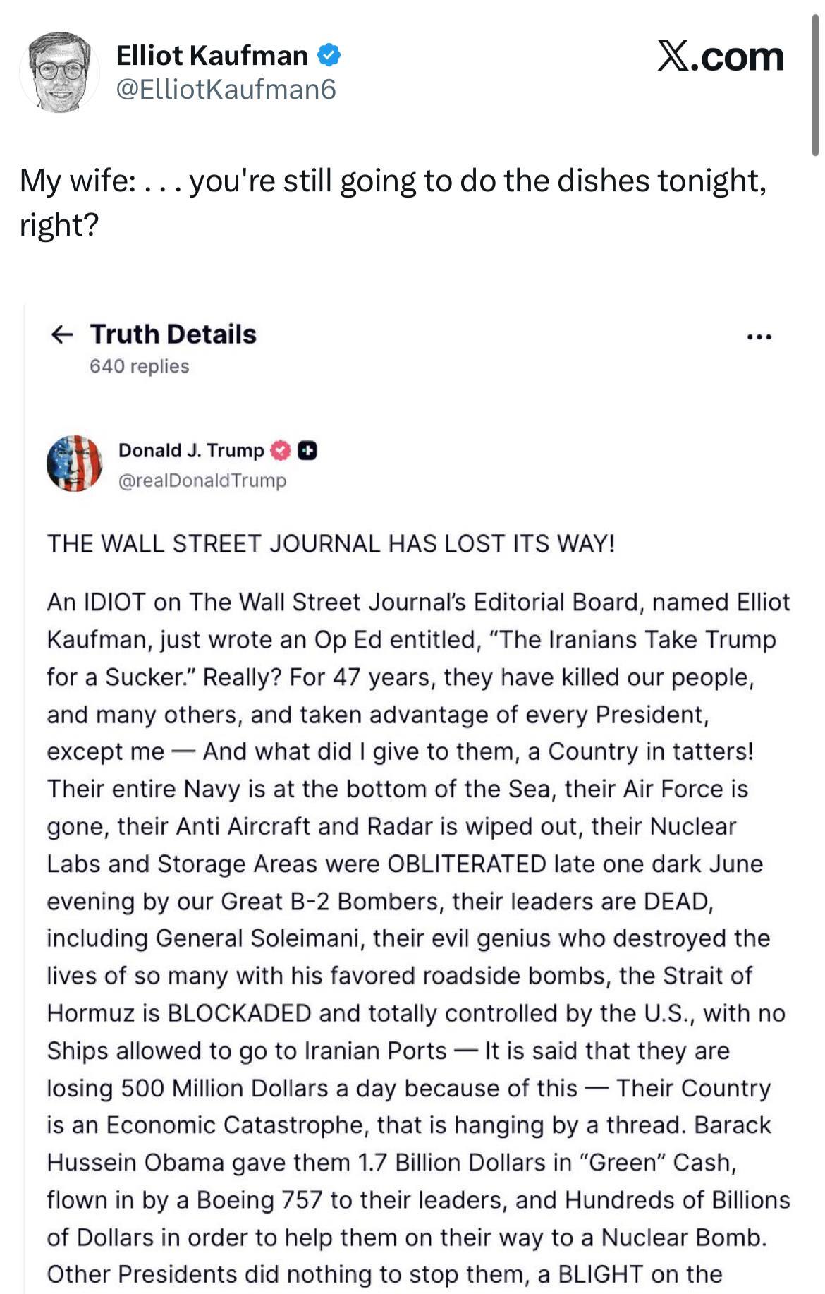 کنایه همسر ستون نویس وال استریت ژورنال به شهرت شوهرش بعد از توییت ترامپ علیه ایران :امشب هم ظرف ها رو میشوری دیگه؟