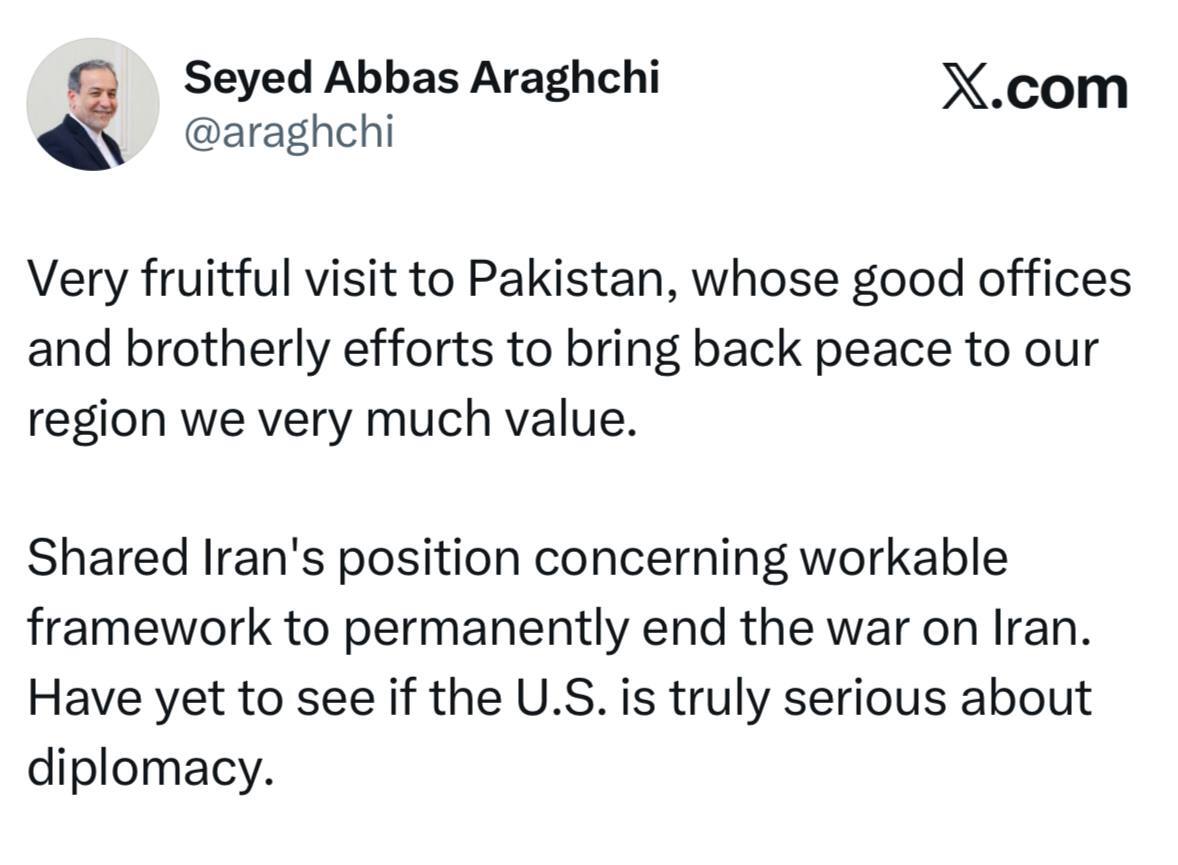 توئیت عراقچی پس از  سفر به اسلام آباد