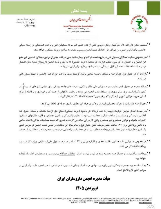 حق الزحمه داروخانه‌ها در سال ۱۴۰۵ اعلام شد