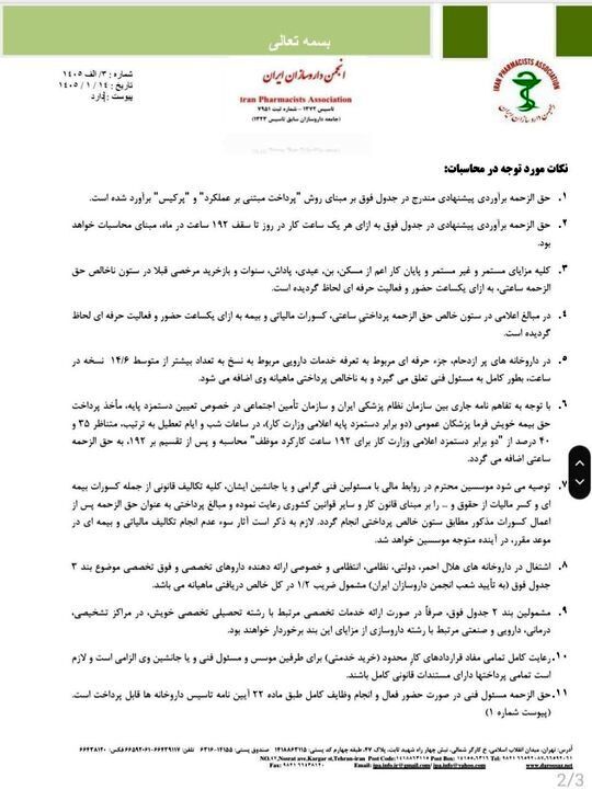 حق الزحمه داروخانه‌ها در سال ۱۴۰۵ اعلام شد