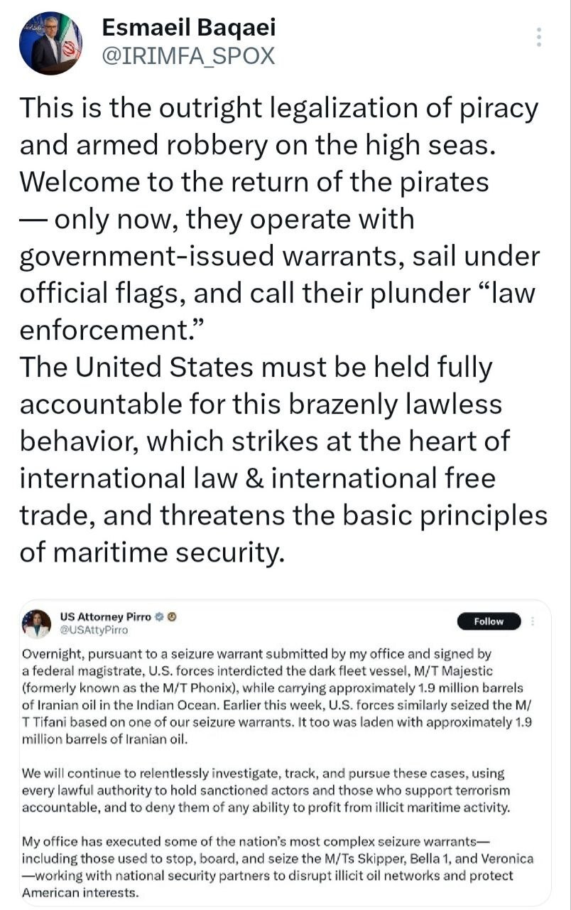 بقائی: غارت کشتی‌های حامل نفت ایران، دزدی دریایی است