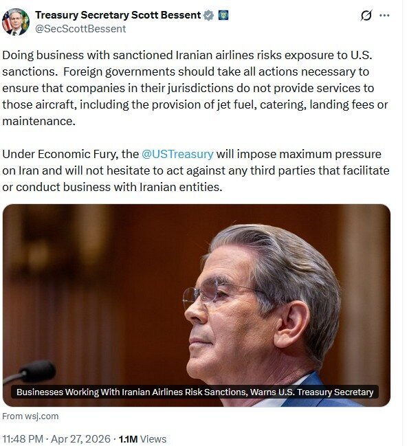 شرکت‌هایی که با خطوط هوایی ایران همکاری دارند تحریم می‌شوند