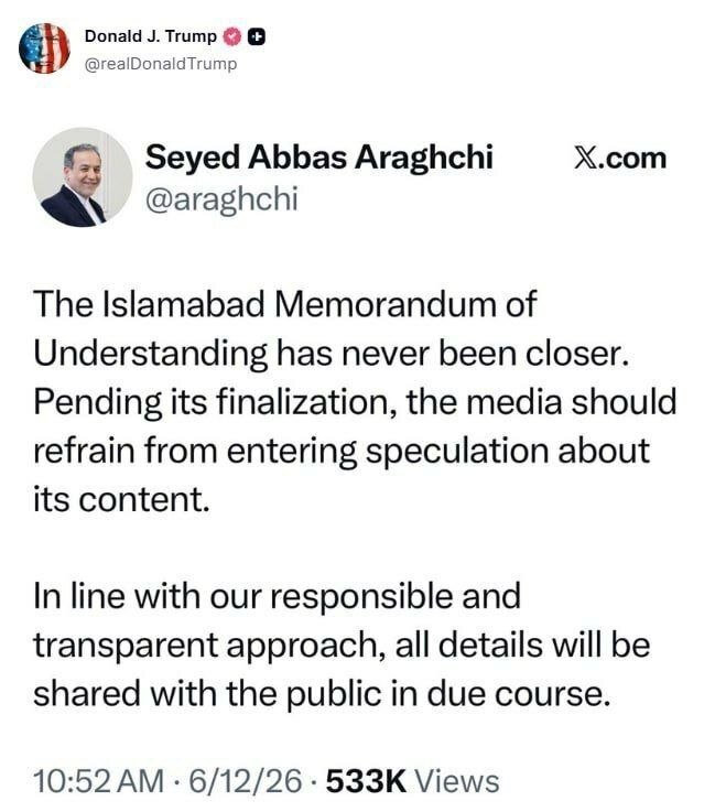 ترامپ پست عراقچی را به اشتراک گذاشت